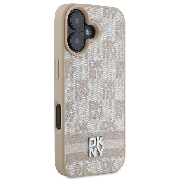 DKNY iPhone 16 - Checkered Pattern and Printed Stripes - Σκληρή Θήκη με Επένδυση Συνθετικού Δέρματος - Pink