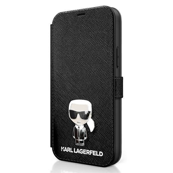 Karl Lagerfeld iPhone 12 Pro Max - Saffiano Ikonik Metal Θήκη Βιβλίο από Συνθετικό Δέρμα - Black - KLFLBKP12LIKMSBK - likebrands.gr