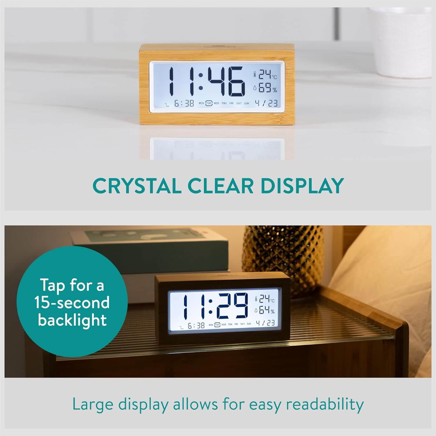 Navaris Ψηφιακό Επιτραπέζιο Ρολόι και Ξυπνητήρι από Μπαμπού με Ένδειξη Θερμοκρασίας και Ημερομηνίας - White / Light Brown - 60679.01