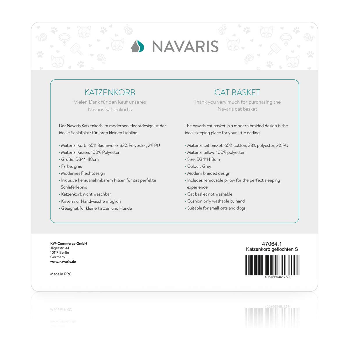 Navaris Small Cat Bed Basket - Καλάθι Κρεβάτι για Γάτες και Μικρά Κατοικίδια - Grey - 47064.1