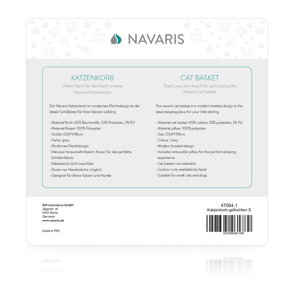 Navaris Small Cat Bed Basket - Καλάθι Κρεβάτι για Γάτες και Μικρά Κατοικίδια - Grey - 47064.1