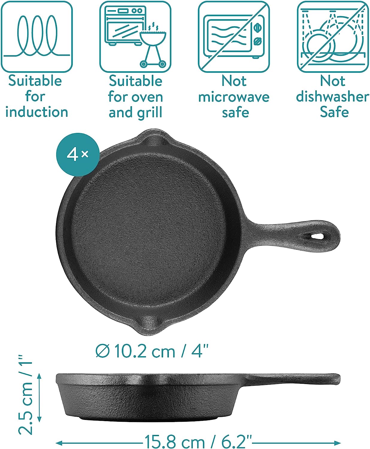 Navaris Σετ με 4 Μίνι Τηγάνια από Χυτοσίδηρο με Ξύλινες Βάσεις - 10.2 cm - Black - 60343.03
