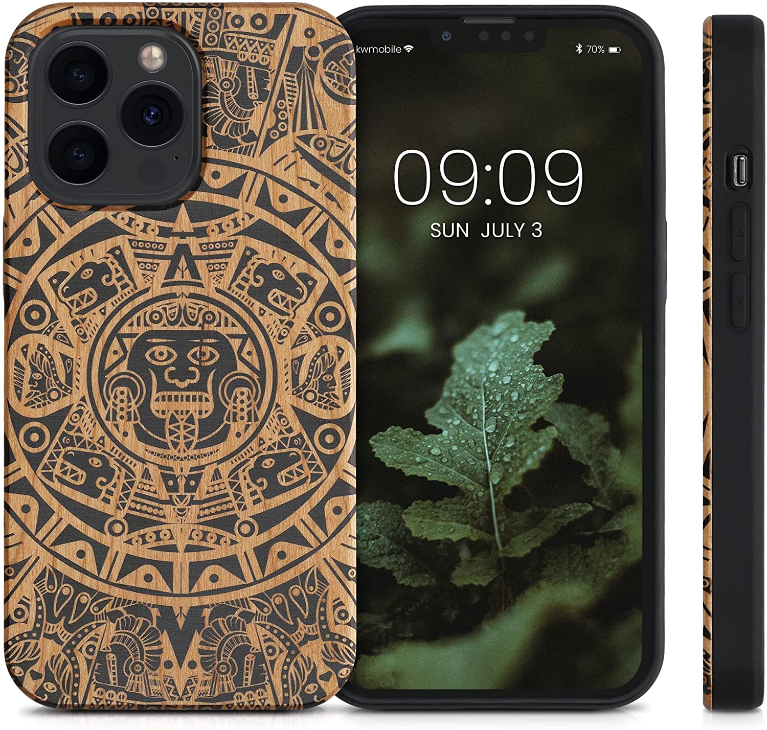 KW iPhone 13 Pro Θήκη από Φυσικό Ξύλο Design Maya Calendar Art - Light Brown / Black - 55967.05