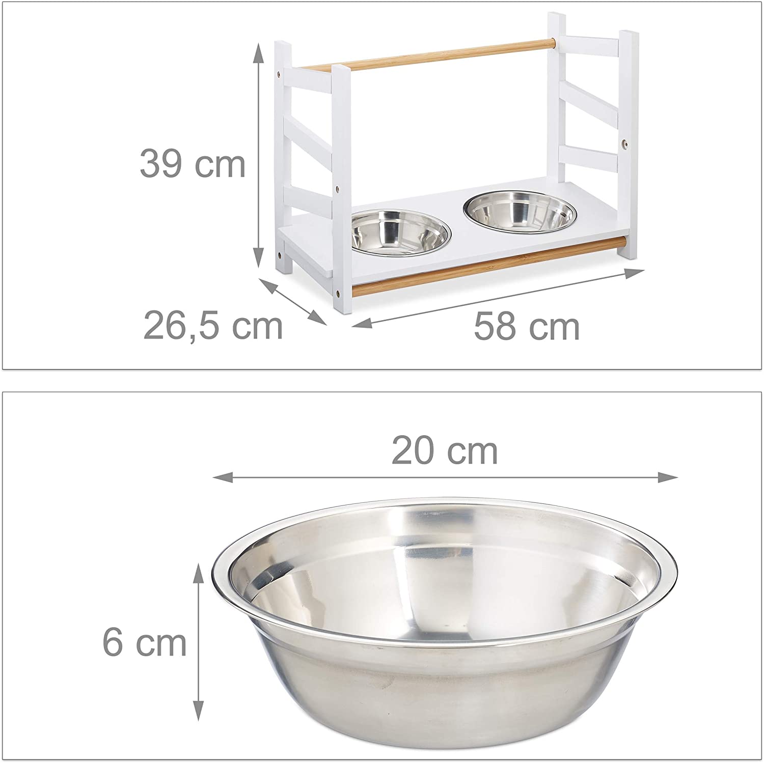 Relaxdays Ρυθμιζόμενη Ξύλινη Βάση με 2 Μπολ 1000ml από Ανοξείδωτο Ατσάλι - Large - 4052025923662