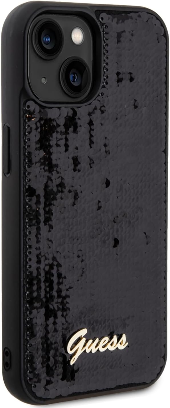 Guess iPhone 15 - Sequin Script Metal Σκληρή Θήκη με Επένδυση από Παγέτες - Black - GUHCP15SPSFDGSK