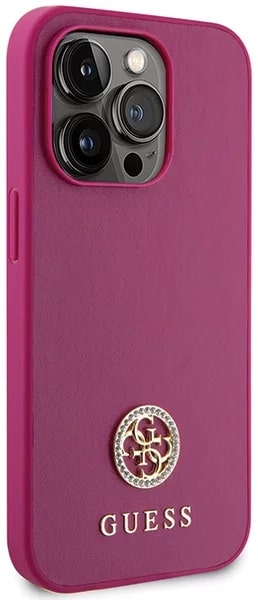 Guess iPhone 15 Pro Max 4G Strass Metal Logo Θήκη με Επένδυση Συνθετικού Δέρματος - Pink - GUHCP15XPS4DGPP