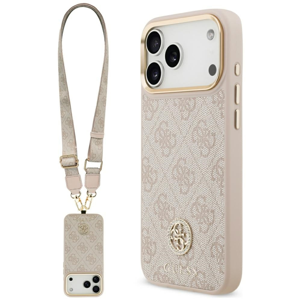 Guess iPhone 17 Pro Max - 4G Strass Logo and Big Strap Metal Buttons MagSafe - Θήκη με Επένδυση Συνθετικού Δέρματος και Λουράκι - Pink - GUHMP17XP4G4DCSP