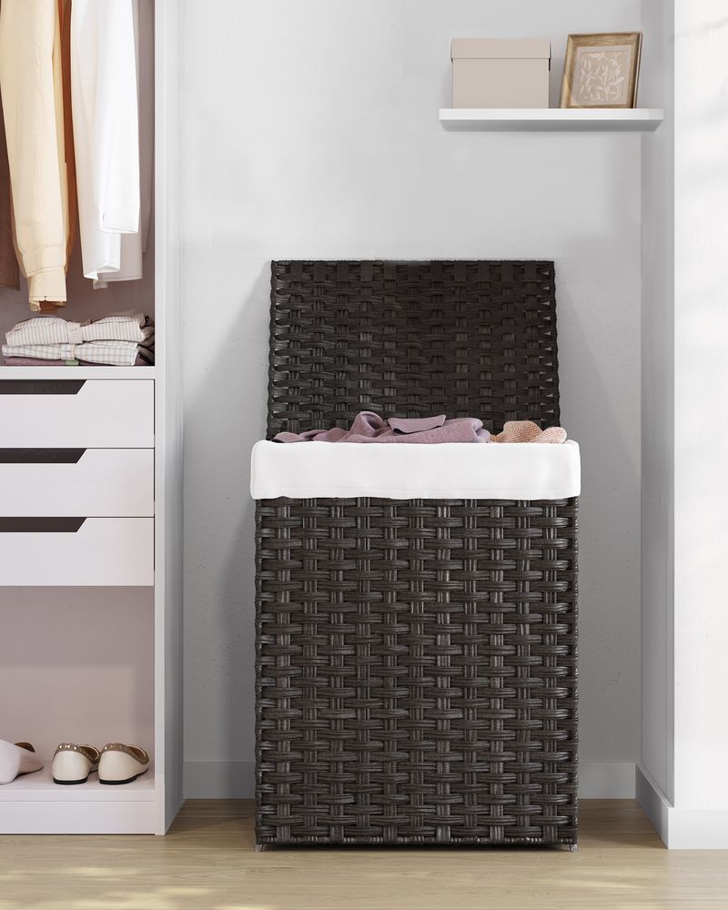 Songmics Χειροποίητο Καλάθι Απλύτων από Συνθετικό Rattan με Καπάκι - 90 L - Black - LCB51BK