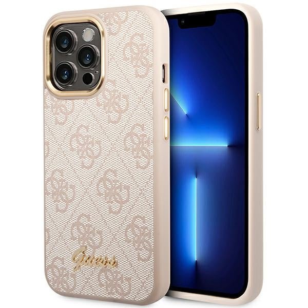 Guess iPhone 14 Pro Max 4G Vintage Gold Logo Σκληρή Θήκη με Πλαίσιο Σιλικόνης - Pink - GUHCP14XHG4SHP