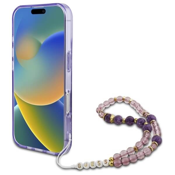 Guess iPhone 16 - IML Flowers With Pearl Strap MagSafe - Σκληρή Θήκη με Πλαίσιο Σιλικόνης και Λουράκι - Purple - GUHMP16SHFWBRCESU