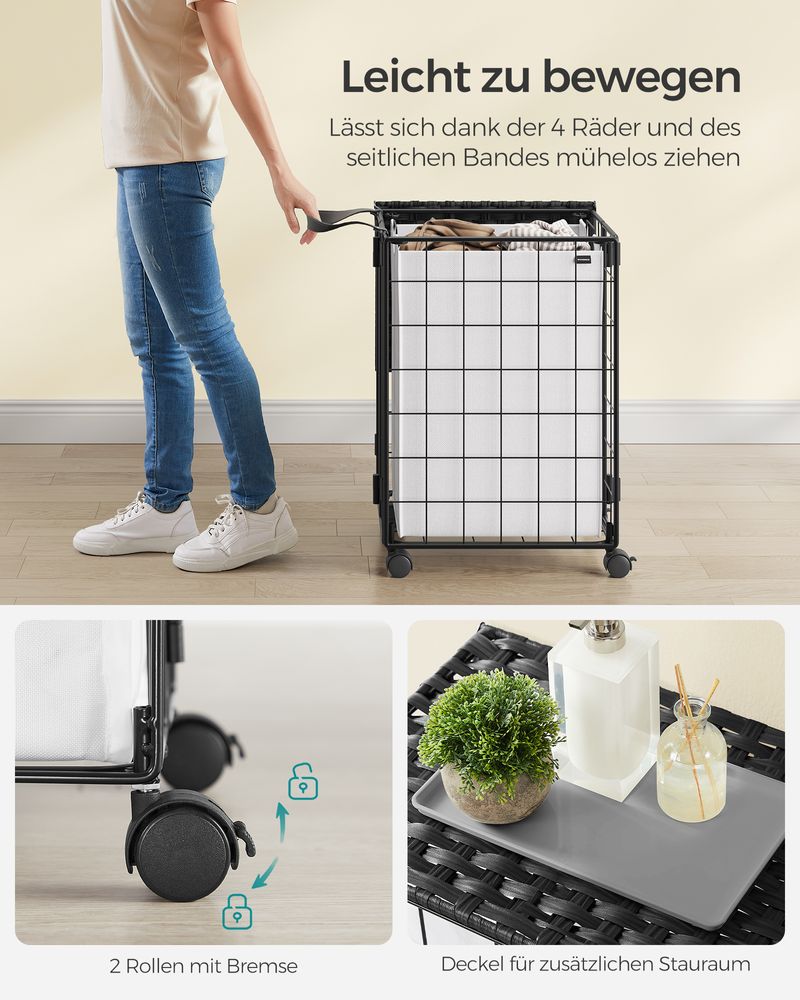 Songmics Τροχήλατο Αναδιπλούμενο Καλάθι Απλύτων με Καπάκι - 90L - Ink Black / Cloud White - LCB290B12