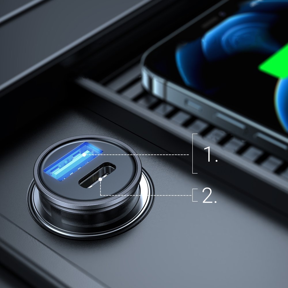 Joyroom C-A43 Φορτιστής Αυτοκινήτου Γρήγορης Φόρτισης με 1 Θύρα USB και 1 Θύρα Type-C 3A PD 20W QC 3.0 - Grey