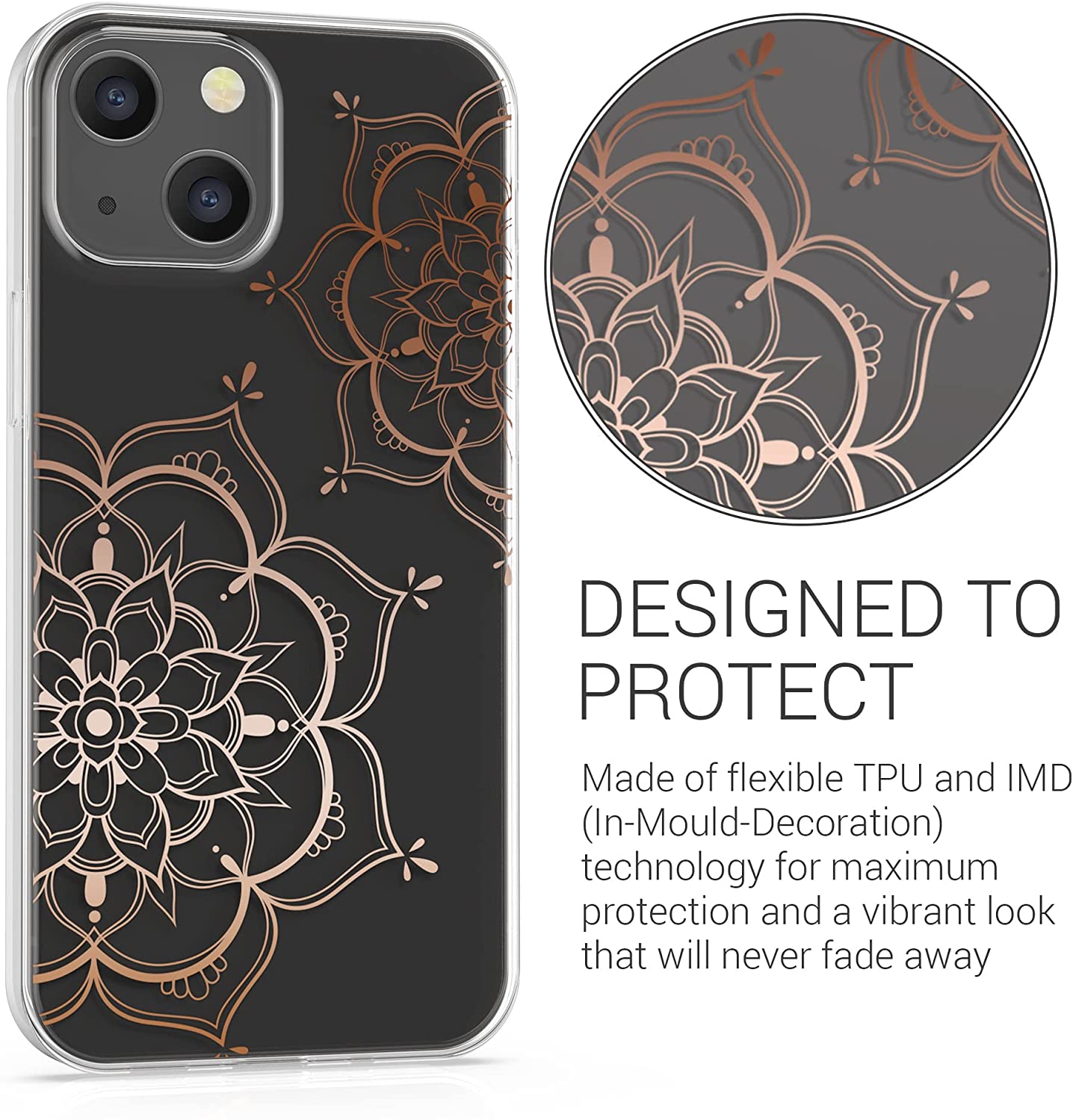 KW iPhone 13 Θήκη Σιλικόνης TPU Design Flower Twins - Διάφανη / Rose Gold - 57143.03