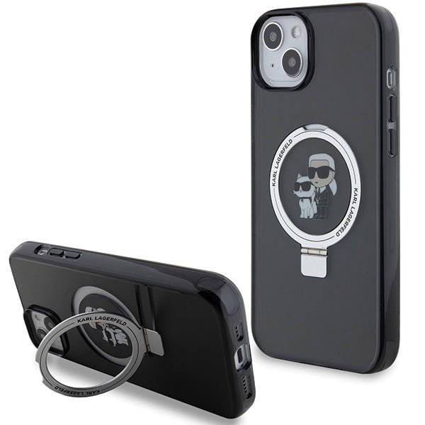 Karl Lagerfeld iPhone 15 Plus Ring Stand Karl and Choupette MagSafe Σκληρή Θήκη με Πλαίσιο Σιλικόνης και MagSafe - Διάφανη / Black - KLHMP15MHMRSKCK