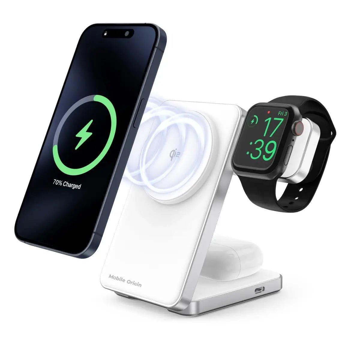 Mobile Origin Qi2 CompactStand 3in1 Ασύρματος Μαγνητικός Φορτιστής MagSafe - White / Silver