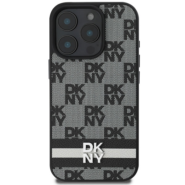 DKNY iPhone 16 Pro Max - Checkered Pattern and Printed Stripes Σκληρή Θήκη με Επένδυση Συνθετικού Δέρματος - Black