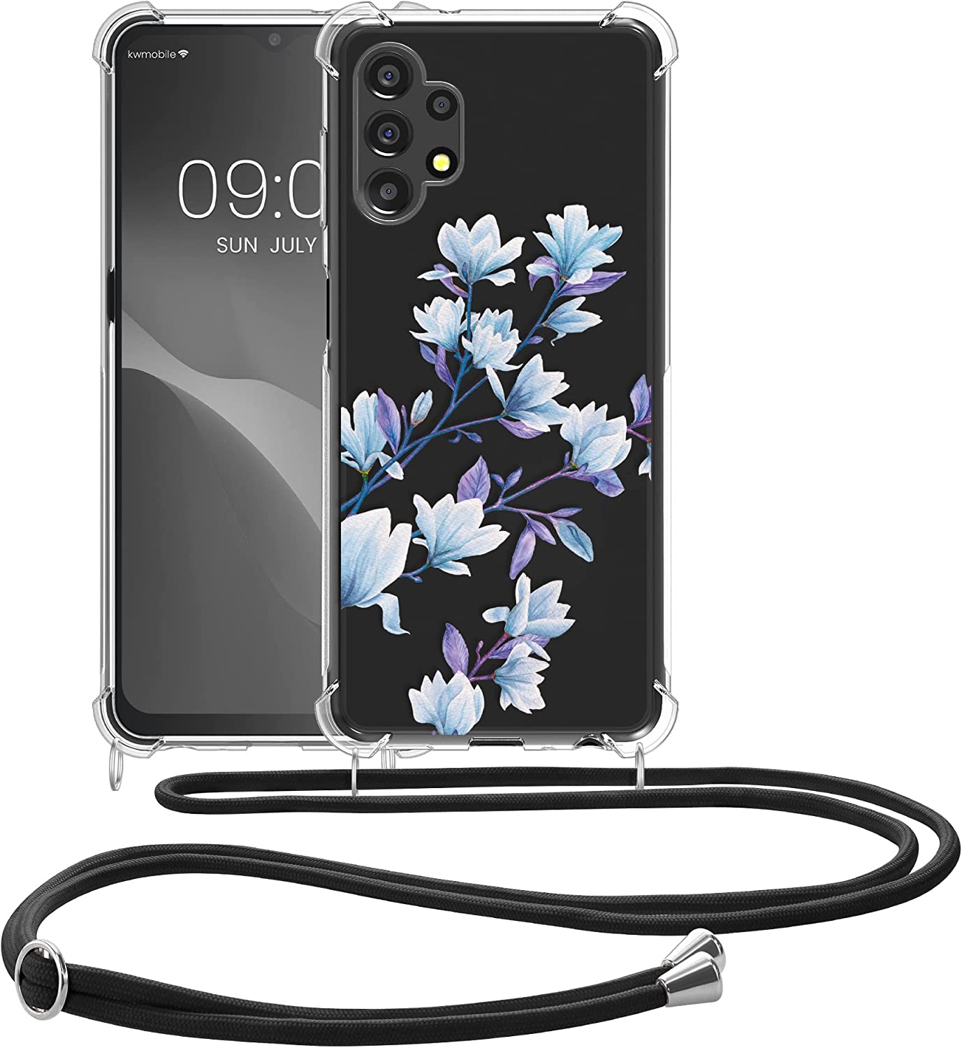 KW Samsung Galaxy A13 4G Θήκη Σιλικόνης TPU με Λουράκι Design Magnolias - Blue / Violet - Διάφανη - 58232.07