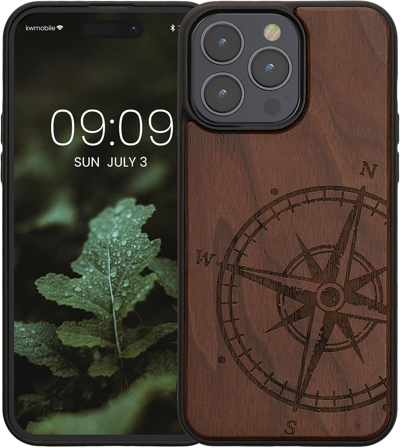 KW iPhone 15 Pro Max Θήκη από Φυσικό Ξύλο - Design Vintage Compass - Dark Brown