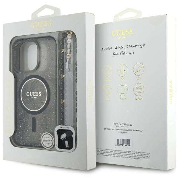 Guess iPhone 16 Pro - IML Glitter With Pearl Strap MagSafe - Σκληρή Θήκη με Πλαίσιο Σιλικόνης και Λουράκι - Black - GUHMP16LHGCRELSK