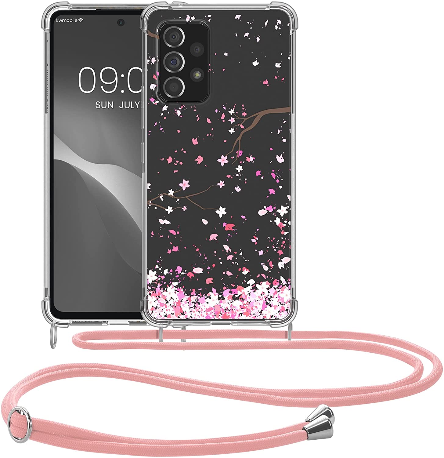 KW Samsung Galaxy A53 5G Θήκη Σιλικόνης TPU με Λουράκι Design Cherry Blossoms - Διάφανη / Dark Brown / Pink - 58234.03