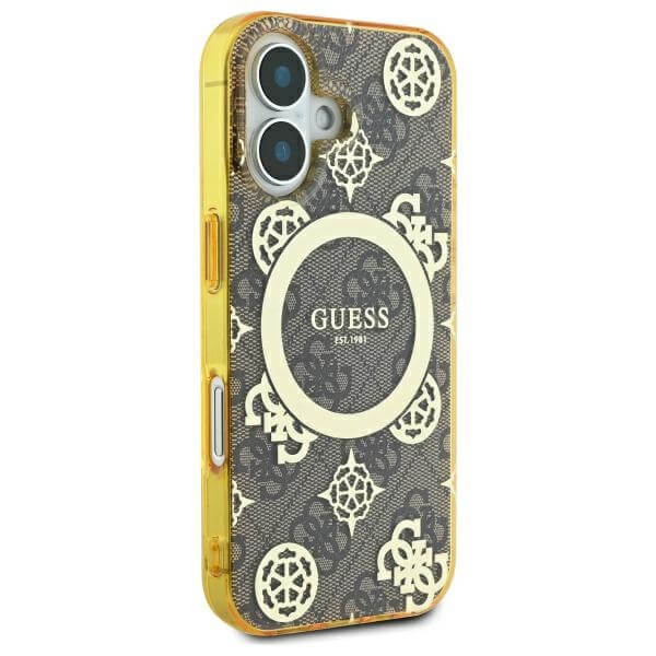 Guess iPhone 16 - IML Peony On 4G Background MagSafe - Θήκη με Επένδυση Συνθετικού Δέρματος - Brown - GUHMP16SH4PYEEW