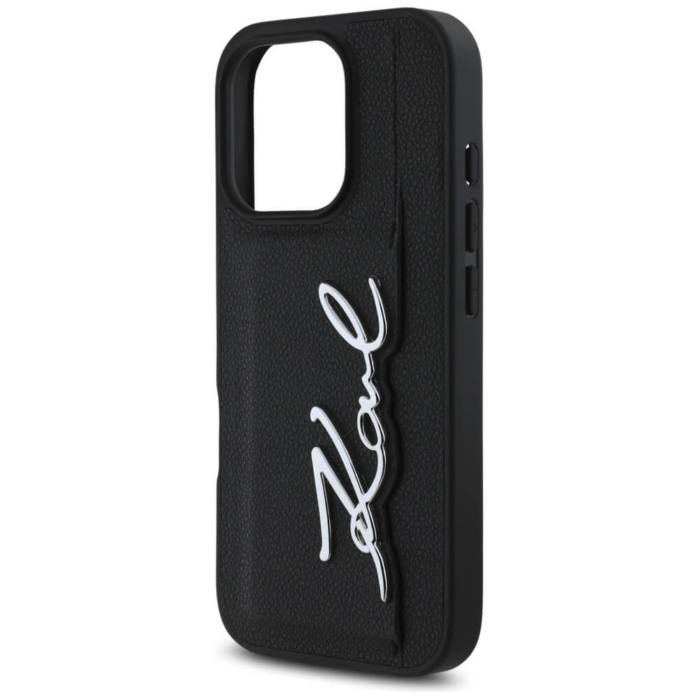 Karl Lagerfeld iPhone 16 Pro - HC Grained PU Cardslot Metal Signature - Σκληρή Θήκη με Επένδυση Συνθετικού Δέρματος και Υποδοχή για Κάρτες - Black - KLHCP16LPGPVKSK
