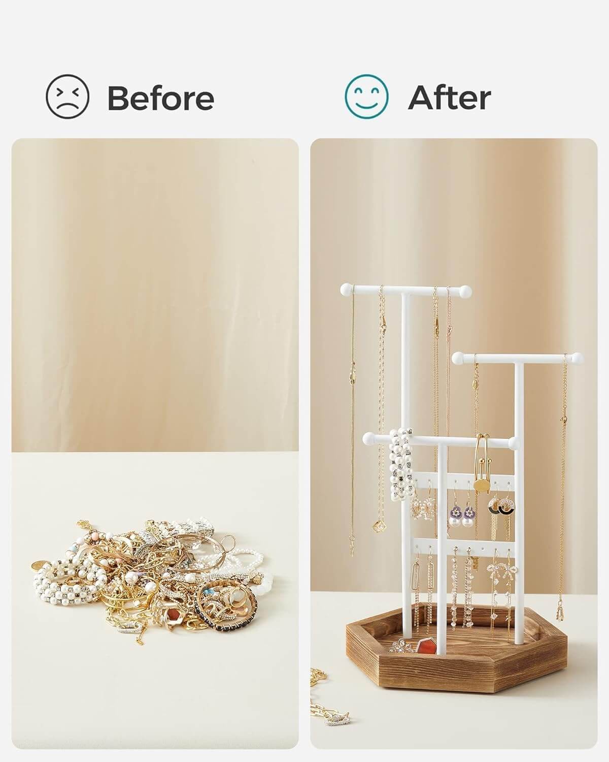 Songmics Μεταλλικό Stand Κοσμημάτων με Ξύλινη Βάση - White / Natural - JJS03NW