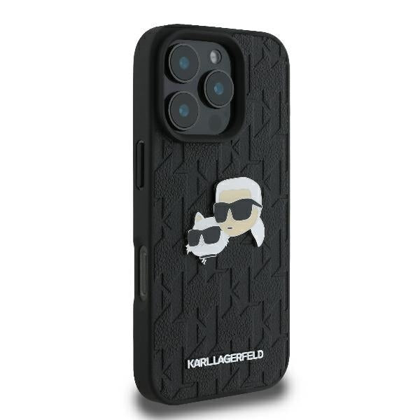 Karl Lagerfeld iPhone 16 Pro - Monogram Karl and Choupette Head Pin Σκληρή Θήκη με Επένδυση Συνθετικού Δέρματος - Black - KLHCP16LPGKLKCPK