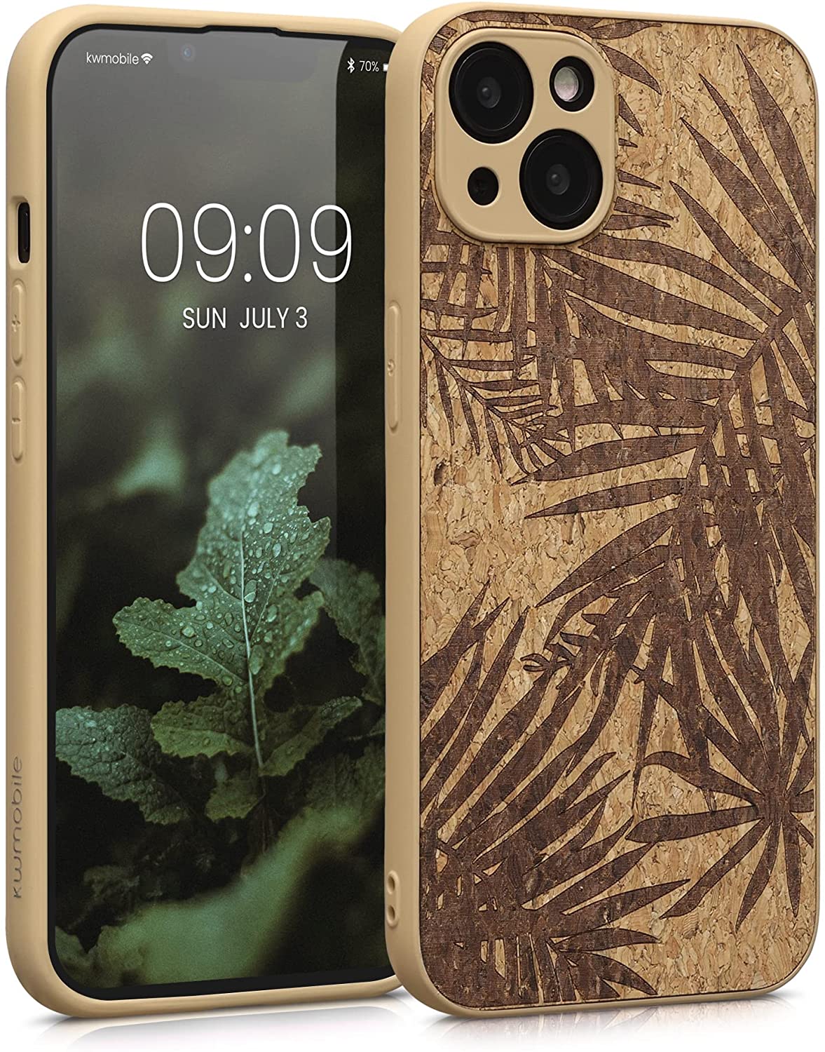 KW iPhone 13 Σκληρή Θήκη από Φελλό με Πλαίσιο Σιλικόνης - Design Palm Leaves - Dark Brown / Light Brown - 58125.01