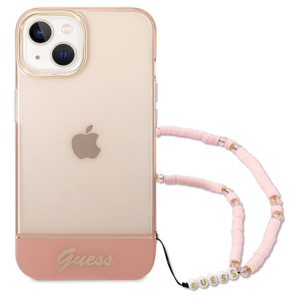 Guess iPhone 14 Plus Pearl Strap Σκληρή Θήκη με Πλαίσιο Σιλικόνης και Λουράκι - Pink / Pearl / Semi Clear - GUHCP14MHGCOHP