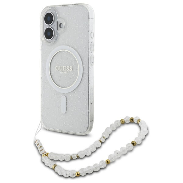 Guess iPhone 16 Plus - IML Glitter With Pearl Strap - MagSafe Σκληρή Θήκη με Πλαίσιο Σιλικόνης και Λουράκι - Διάφανη - GUHMP16MHGCRELST