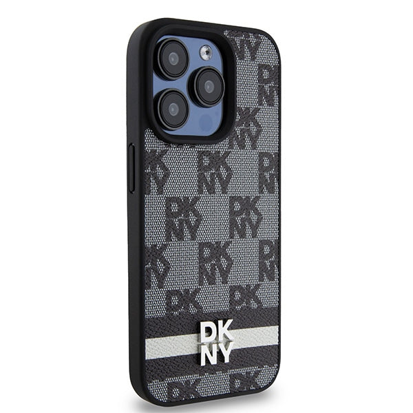 DKNY iPhone 15 Pro Max - Leather Checkered Mono Pattern and Printed Stripes - Σκληρή Θήκη με Επένδυση Συνθετικού Δέρματος - Black