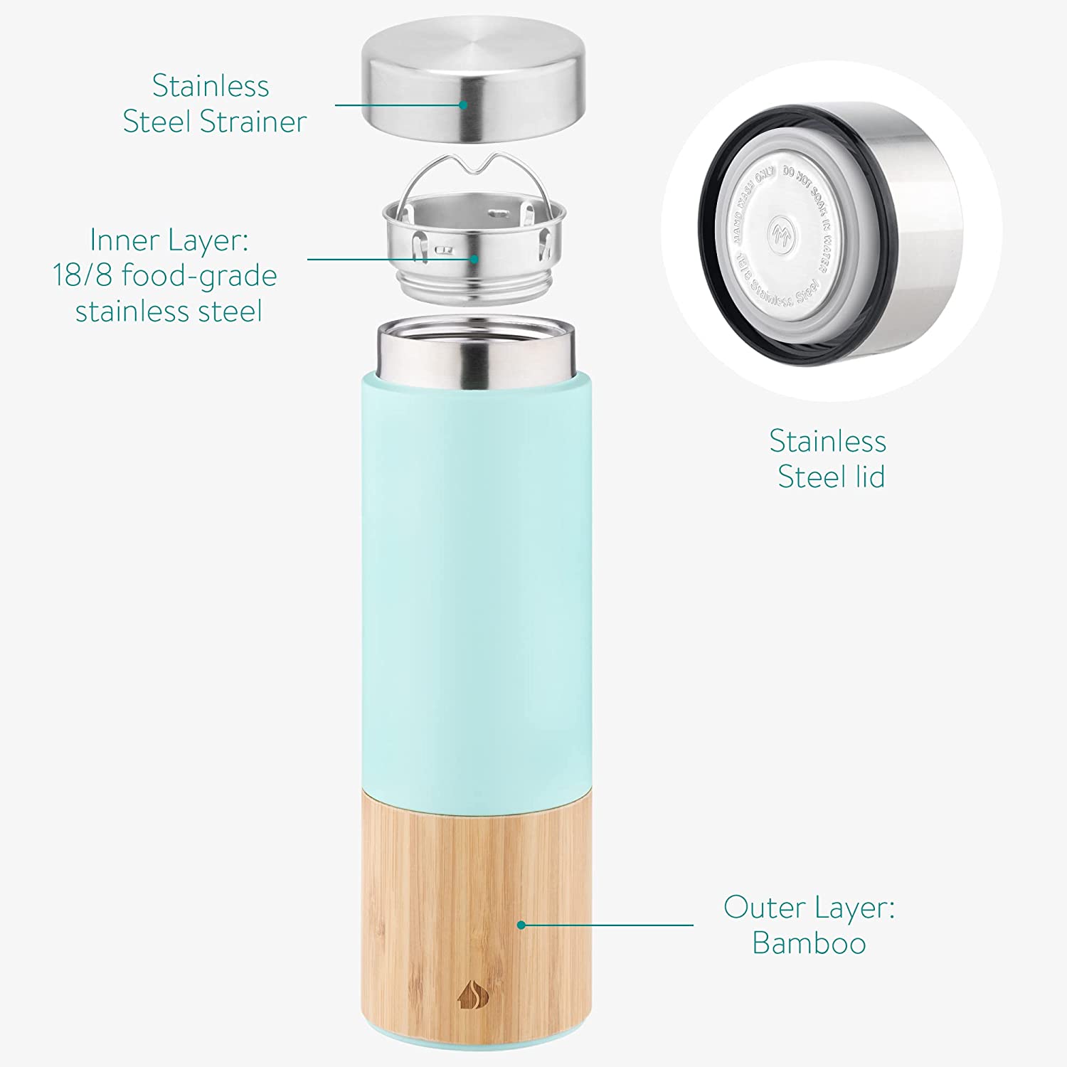 Navaris Tea Bottle Μπουκάλι Τσαγιού από Μπαμπού και Ανοξείδωτο Ατσάλι - 500ml - Turquoise - 54268.2.37