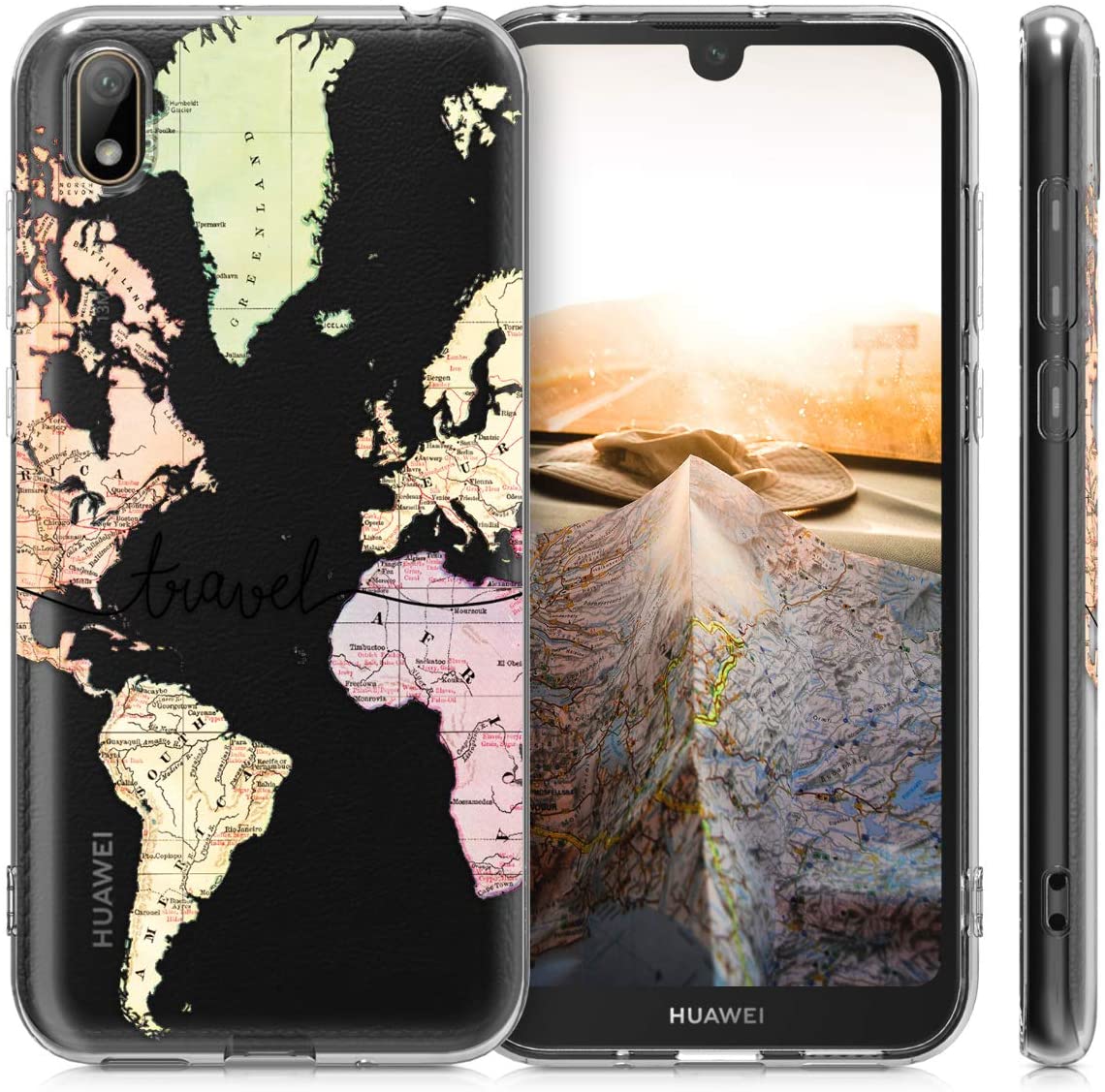 KW Huawei Y5 2019 Θήκη Σιλικόνης TPU Design Travel - Multicolor / Black - Διάφανη - 52158.01