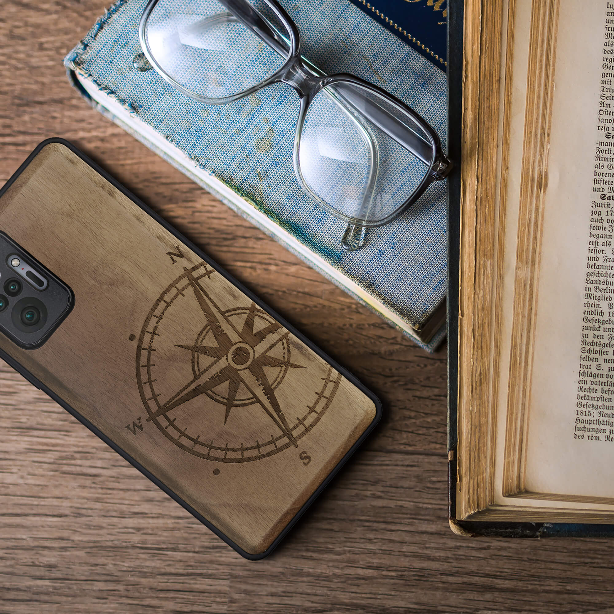 KW Xiaomi Redmi Note 10 Pro Θήκη από Φυσικό Ξύλο - Design Compass Vintage - Dark Brown - 55940.02