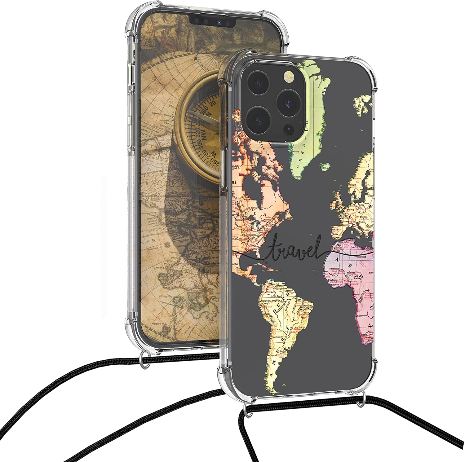 KW iPhone 13 Pro Max Θήκη Σιλικόνης TPU με Λουράκι Design Travel - Διάφανη / Black / Multicolor - 55978.01