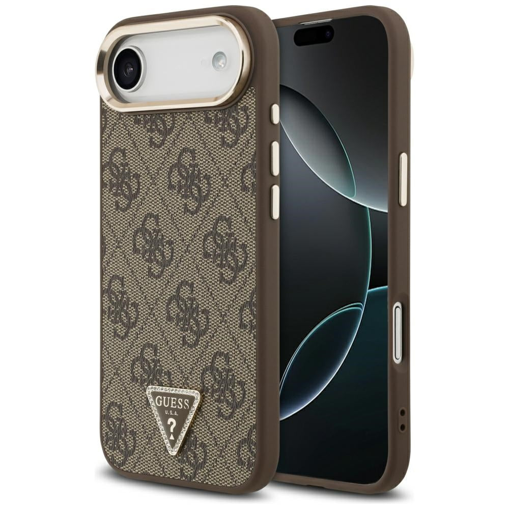 Guess iPhone Air - 4G Triangle Strass Logo MagSafe - Σκληρή Θήκη με Επένδυση Συνθετικού Δέρματος - Brown / Gold - GUHMP17MP4GTDGMW