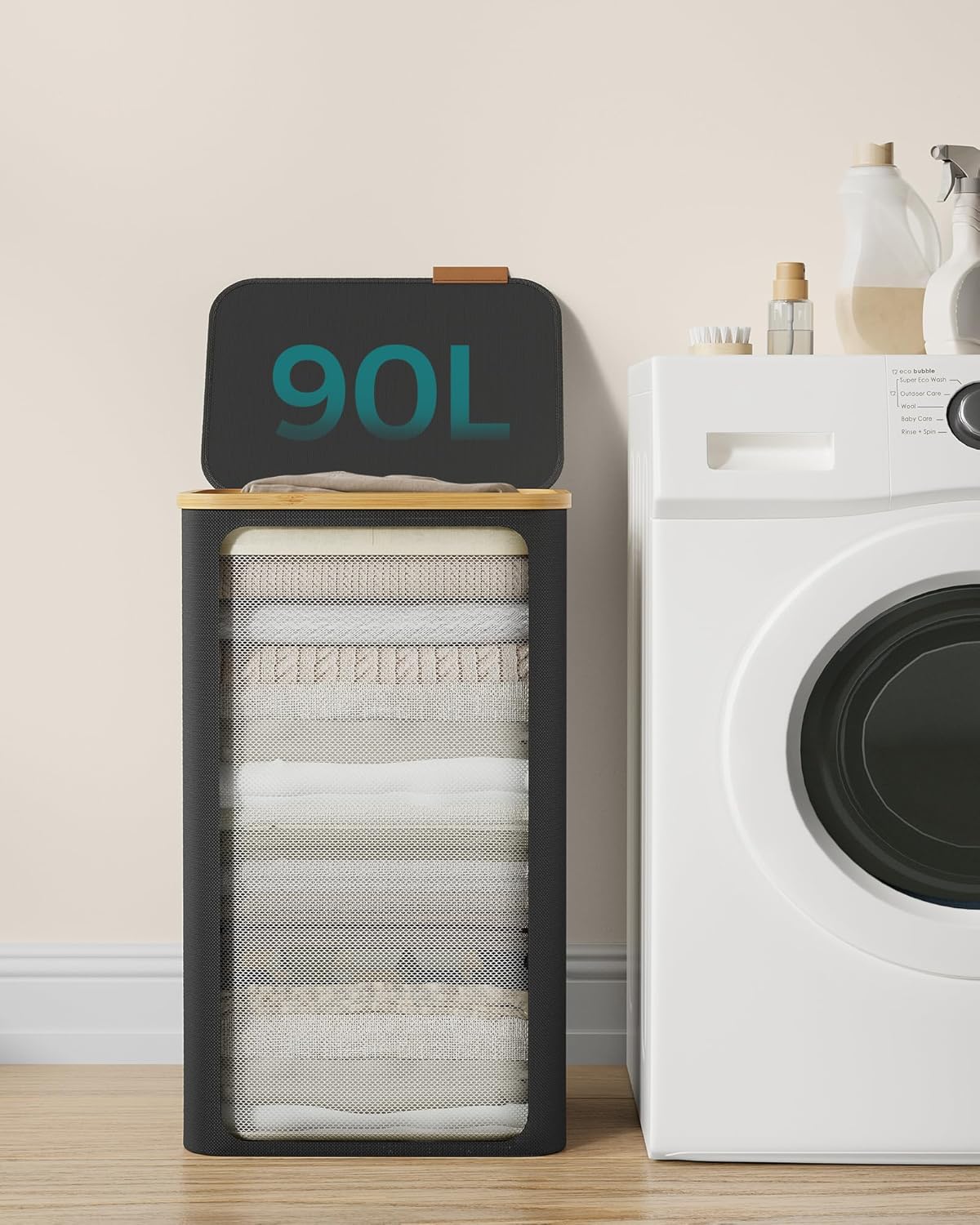 Songmics Καλάθι Απλύτων με Καπάκι και Αποσπώμενο Εσωτερικό Σάκο - 90L - Ink Black - LCB509B01