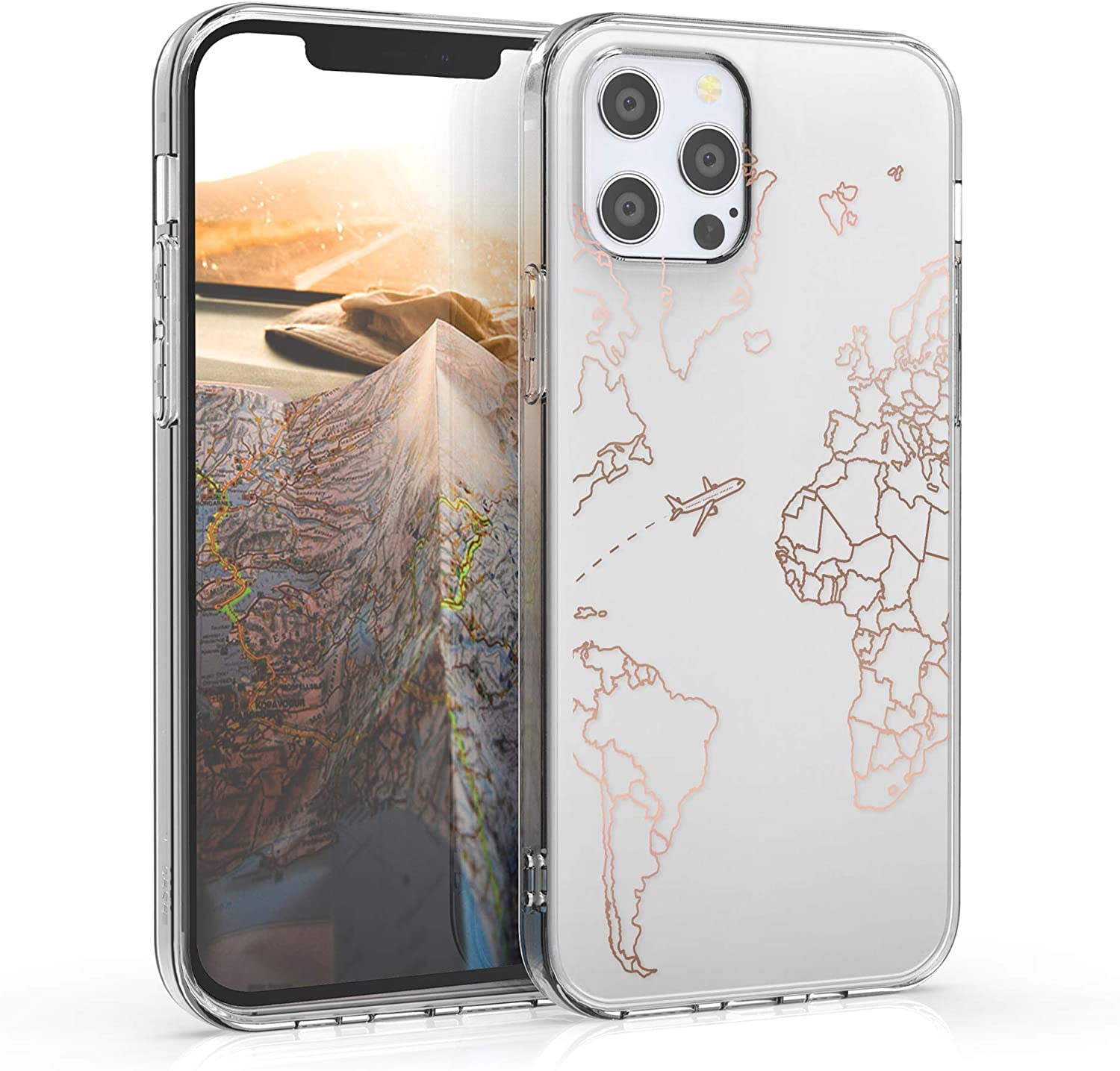 KW iPhone 12 / iPhone 12 Pro Θήκη Σιλικόνης TPU Design Travel and Explore - Διάφανη / Rose Gold - 53035.06