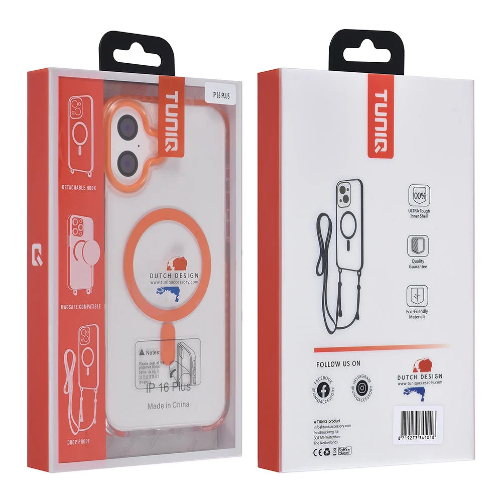 Tuniq iPhone 16 Plus - MagSafe Σκληρή Θήκη με Πλαίσιο Σιλικόνης και Λουράκι - Διάφανη / Orange