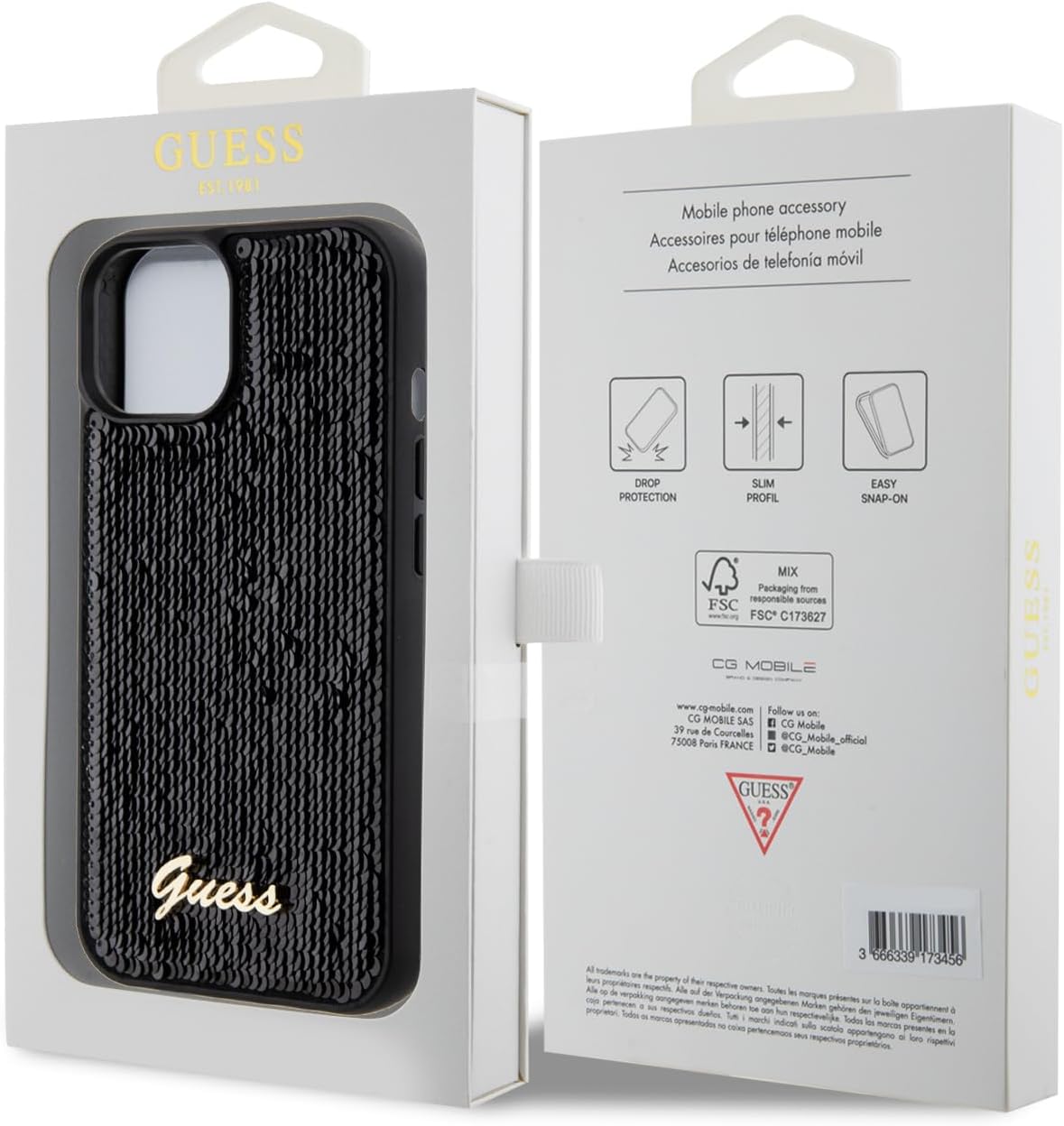 Guess iPhone 15 - Sequin Script Metal Σκληρή Θήκη με Επένδυση από Παγέτες - Black - GUHCP15SPSFDGSK