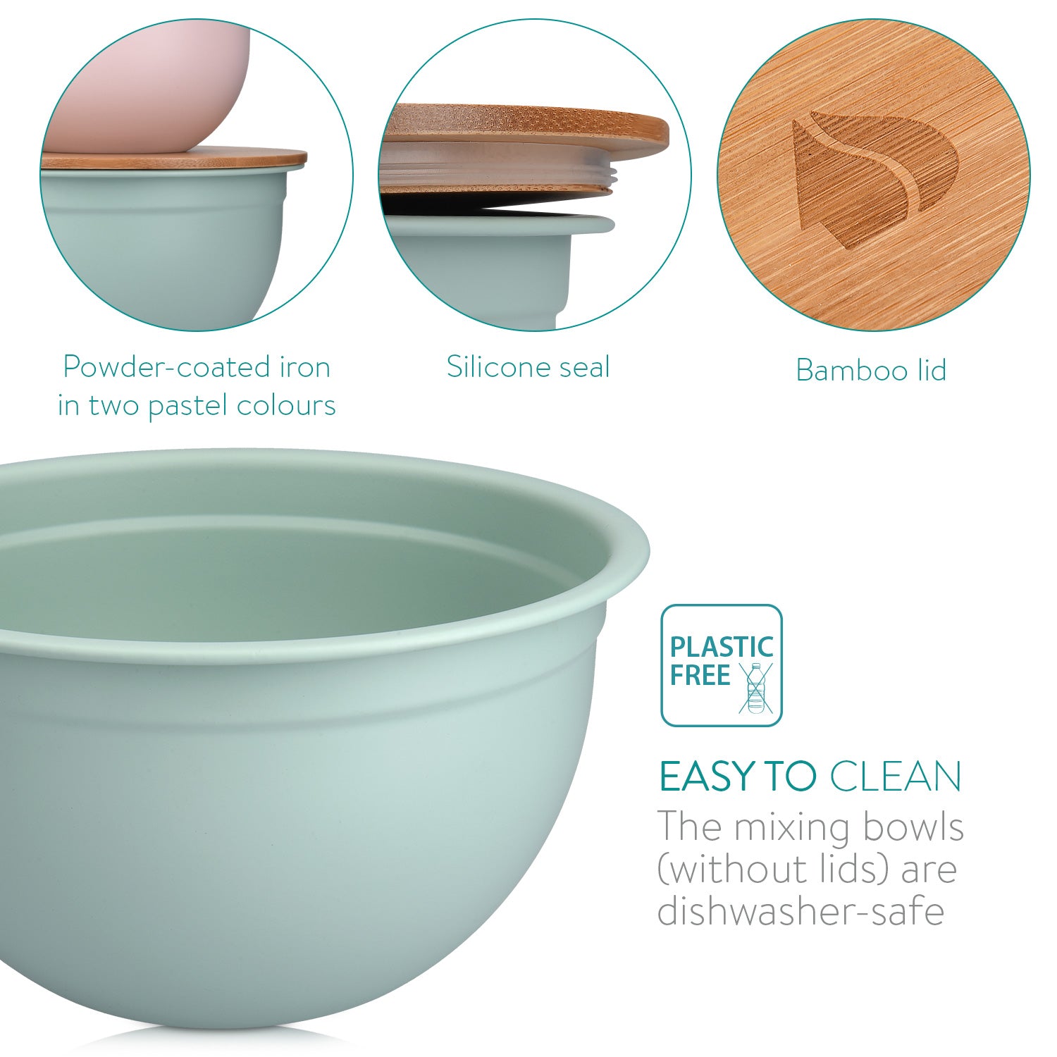 Navaris Metal Mixing Bowls with Wooden Lids Σετ με 2 Μεταλλικά Δοχεία Φαγητού με Καπάκι από Μπαμπού - Pink / Mint Green - 49209.02.32