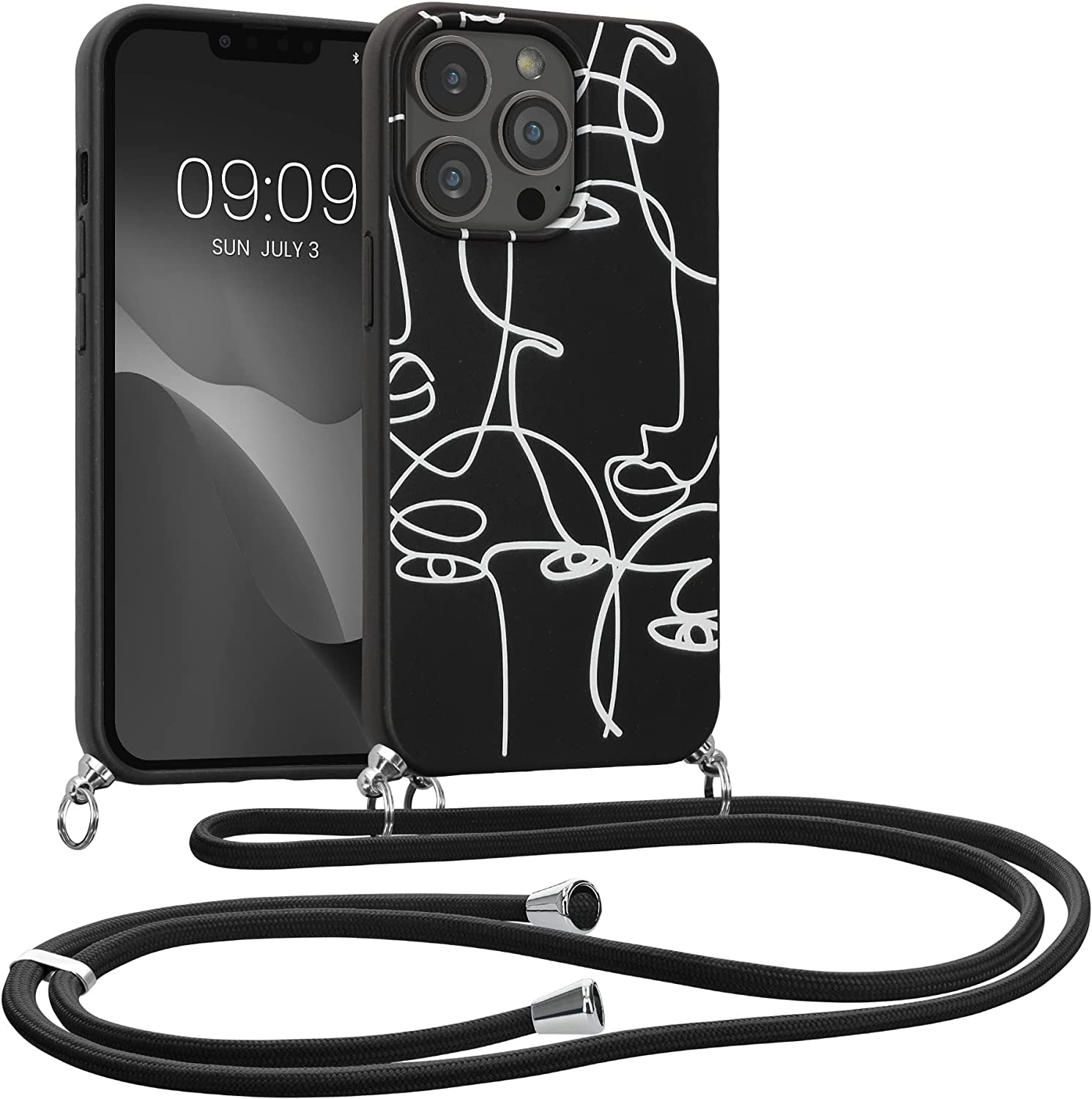 Kalibri iPhone 13 Pro Θήκη Σιλικόνης TPU με Λουράκι - Design Abstract Lines - Black / White - 58554.02