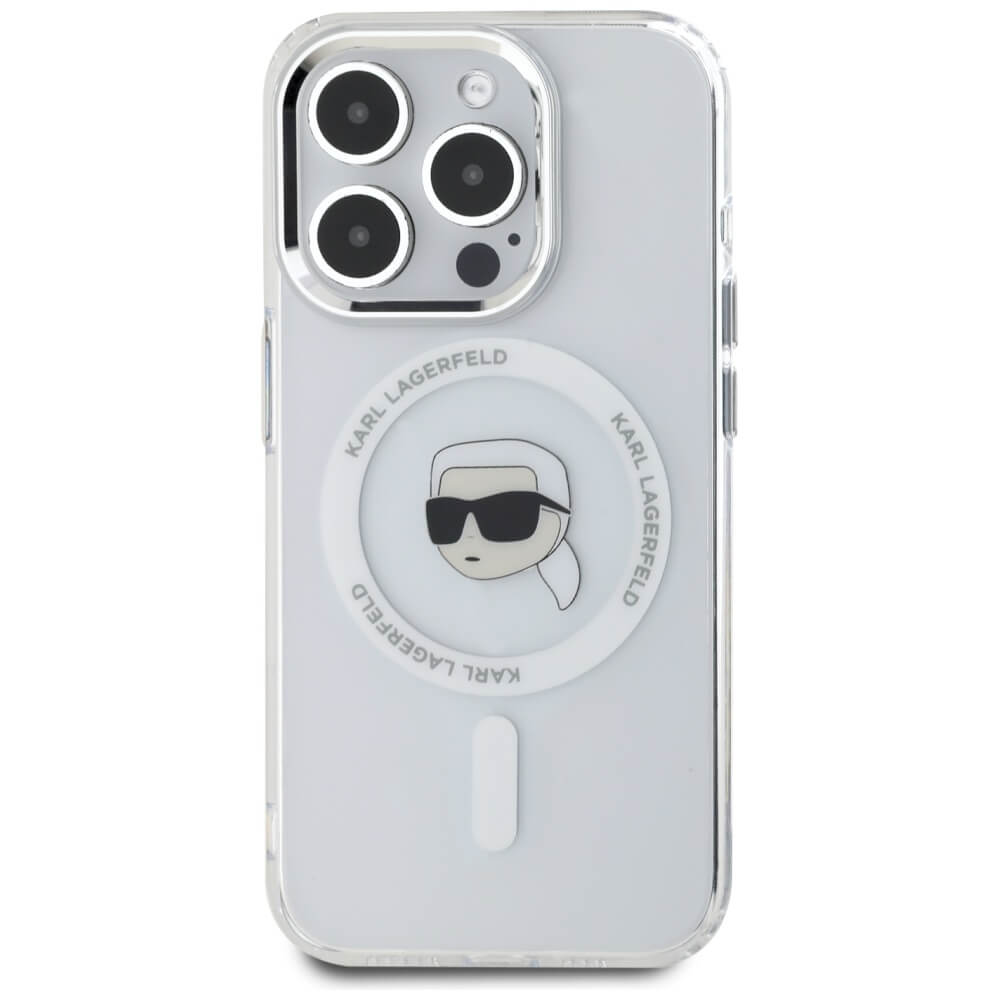 Karl Lagerfeld iPhone 15 Pro - IML Metal Karl Head - MagSafe Σκληρή Θήκη με Πλαίσιο Σιλικόνης - White - KLHMP15LHLSKIH
