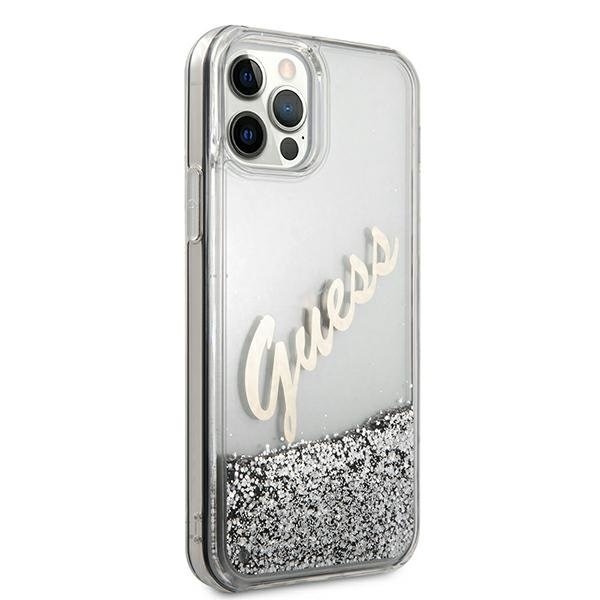 Guess iPhone 12 Pro Max - Glitter Vintage Script Σκληρή Θήκη με Πλαίσιο Σιλικόνης - Silver - GUHCP12LGLVSSI