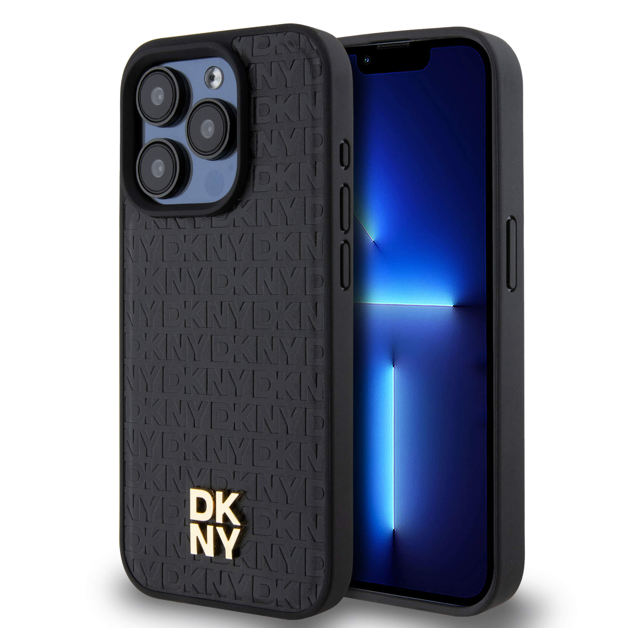 DKNY iPhone 15 Pro - Leather Monogram Pattern Metal Logo MagSafe Σκληρή Θήκη με Επένδυση Συνθετικού Δέρματος - Black