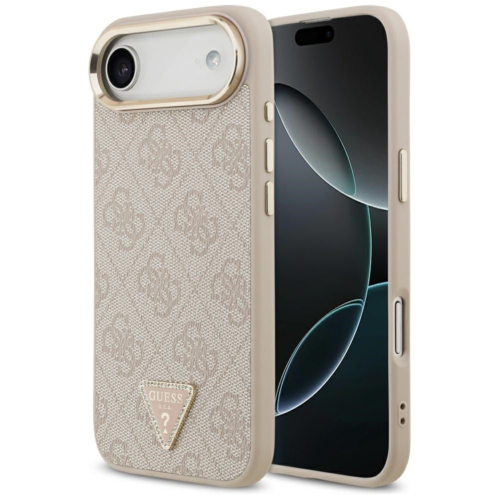 Guess iPhone Air - 4G Triangle Strass Logo MagSafe - Σκληρή Θήκη με Επένδυση Συνθετικού Δέρματος - Pink / Gold - GUHMP17MP4GTDGMP