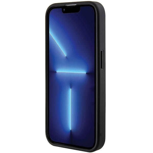 Guess iPhone 15 Pro Grip Stand 4G Saffiano Strass Logo Θήκη με Επένδυση Συνθετικού Δέρματος και Stand - Black - GUHCP15LPGSSADK