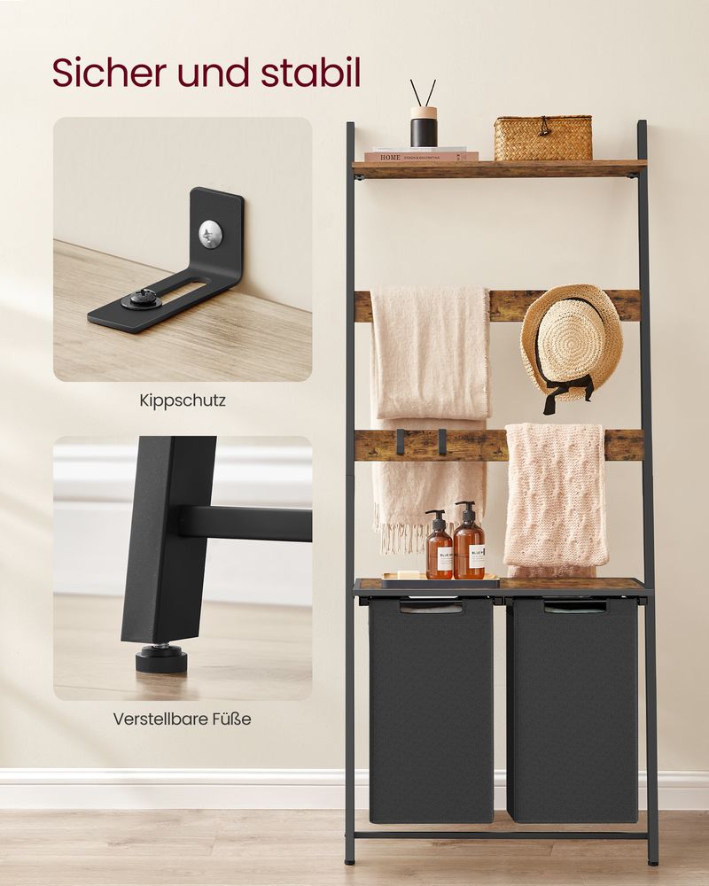 Vasagle Καλάθι Απλύτων 2 Διαμερισμάτων με Ράφι και Βάση για Πετσέτες - 73 x 33 x 177 cm - 92L - Vintage Brown / Black - BLH221B01