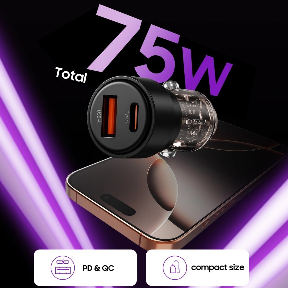 Tech - Protect CC03 PD75W Φορτιστής Αυτοκινήτου Γρήγορης Φόρτισης με 1 Θύρα Type - C και 1 Θύρα USB - Black